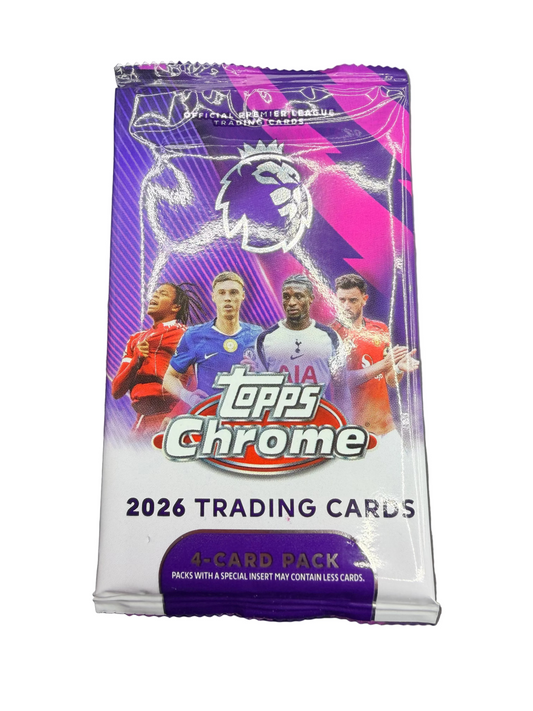 A 2026 Topps Chrome Premier League soccer trading card pack featuring four cards.
