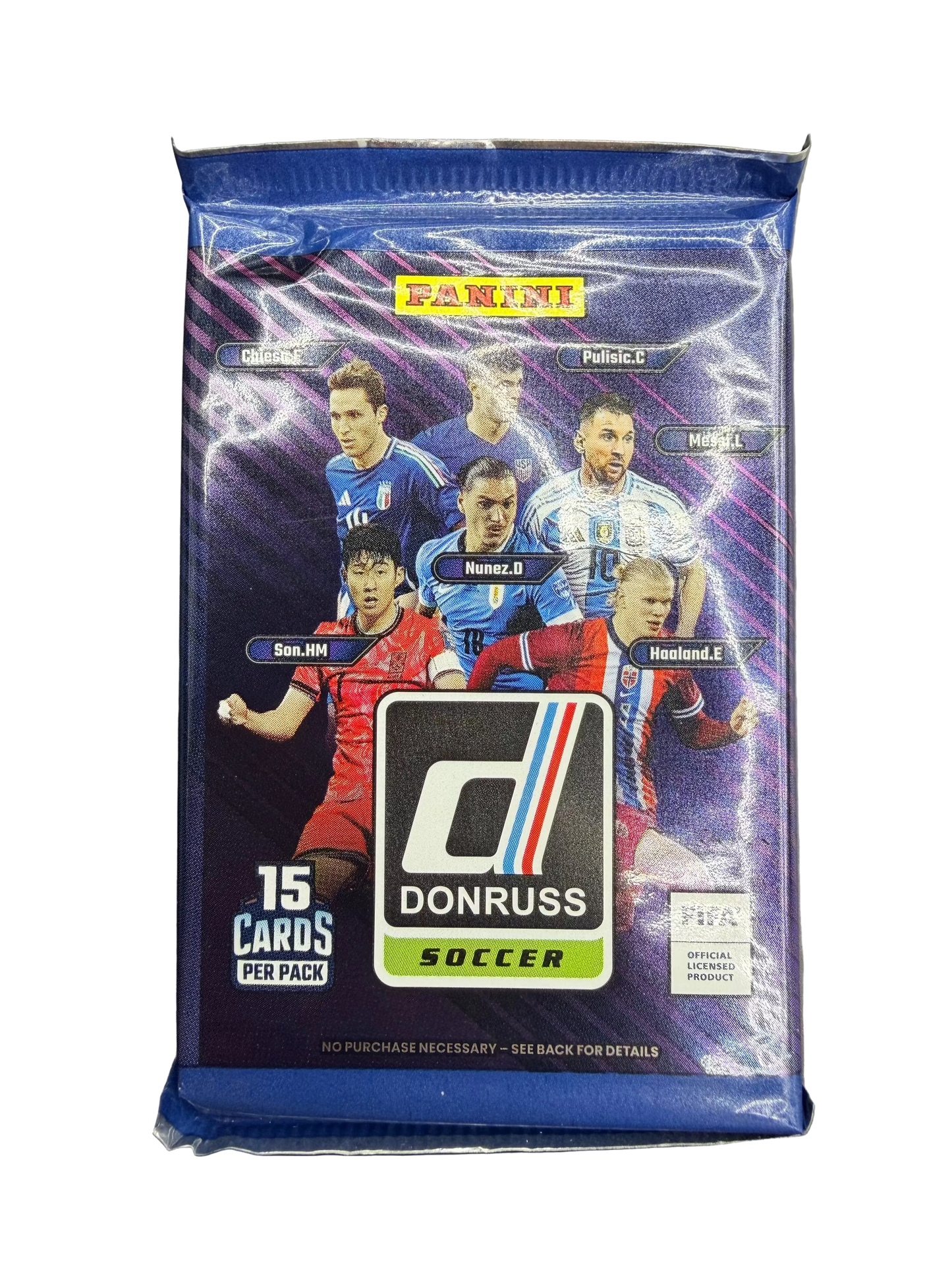 A 2024-25 Panini Donruss soccer trading card pack featuring various professional players.