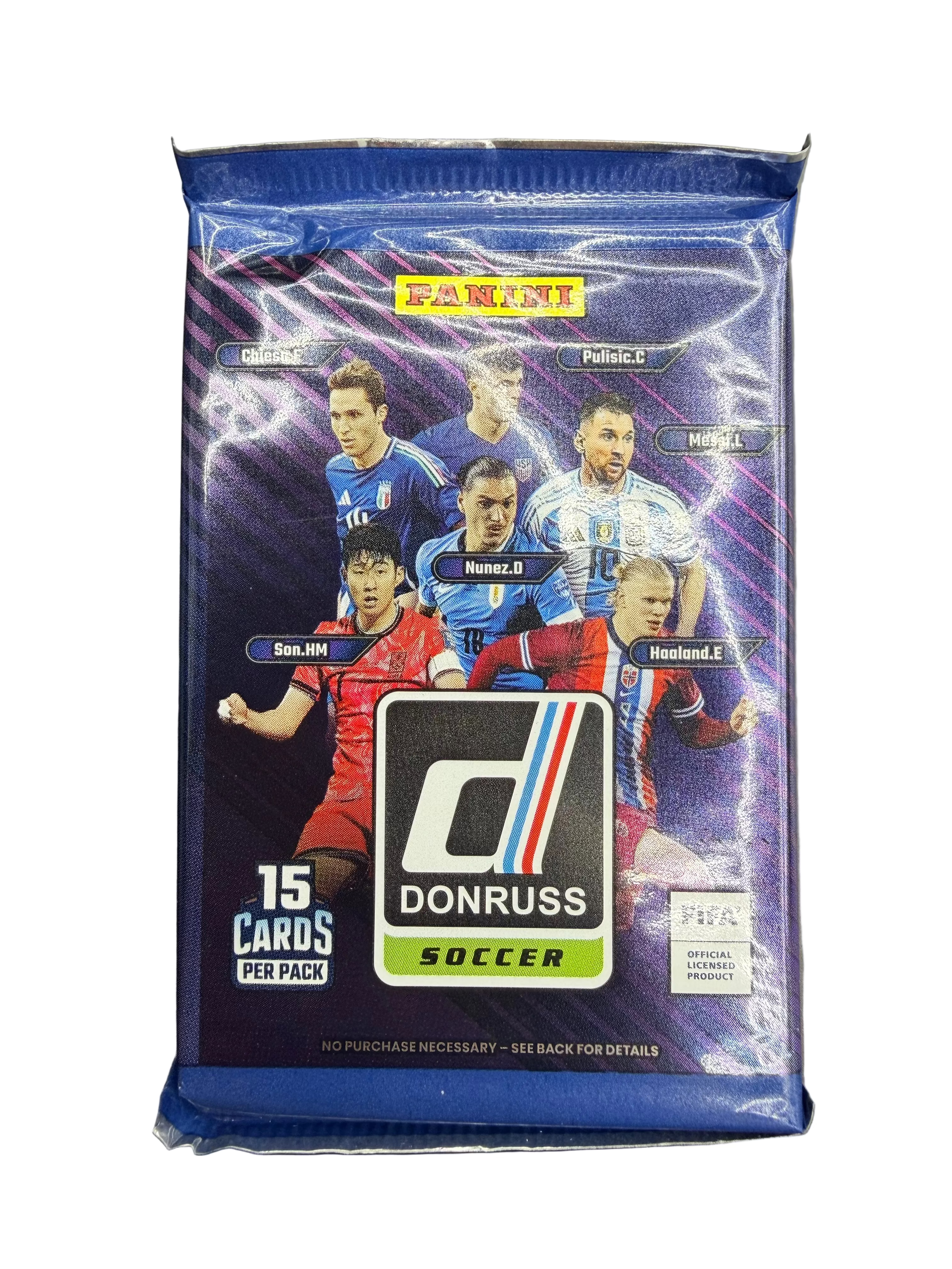 A 2024-25 Panini Donruss soccer trading card pack featuring various professional players.