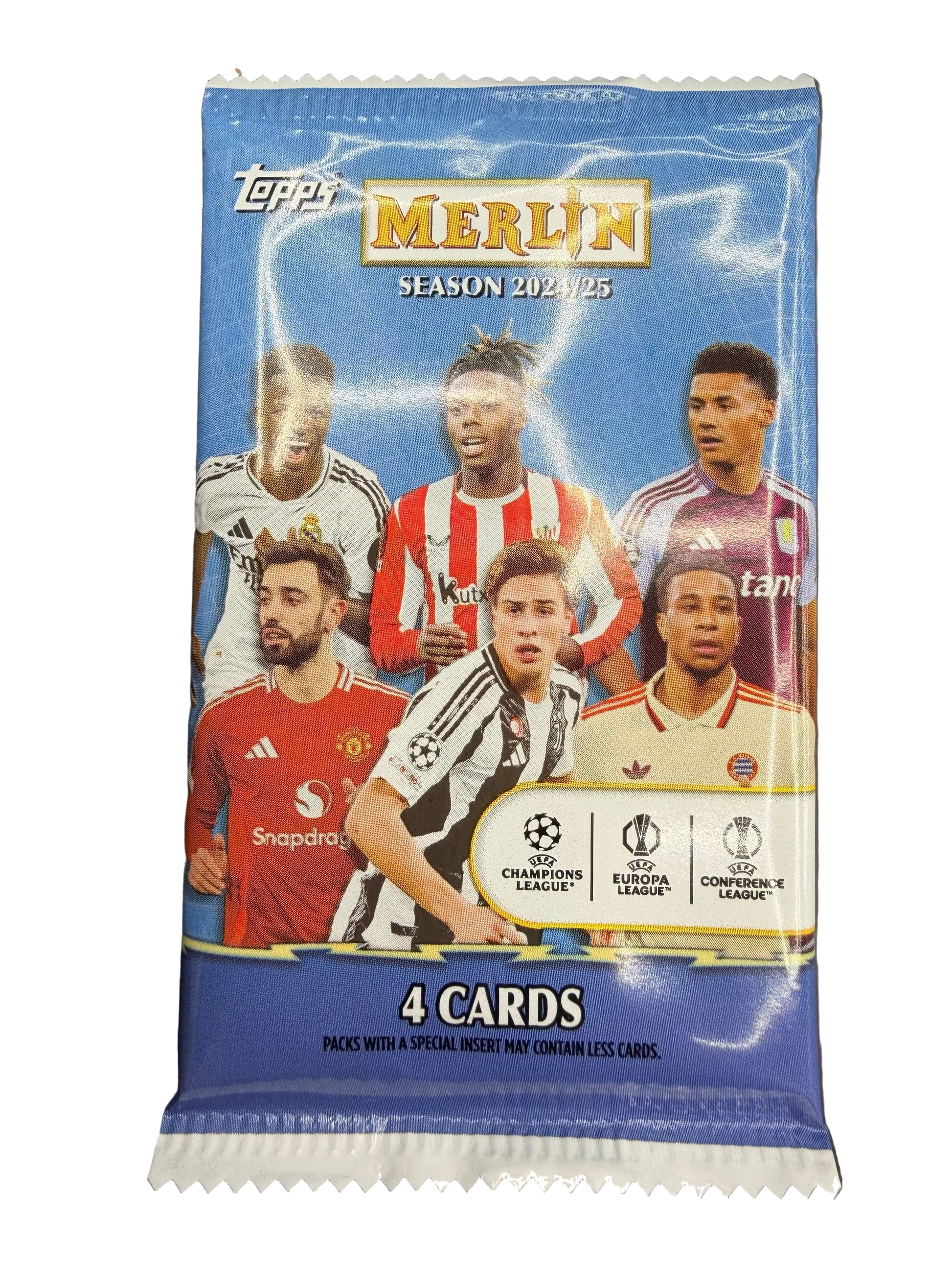 A 2024-25 Topps Merlin UEFA soccer card pack featuring six players on the blue wrapper.
