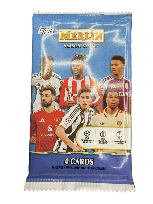 A 2024-25 Topps Merlin UEFA soccer card pack featuring six players on the blue wrapper.