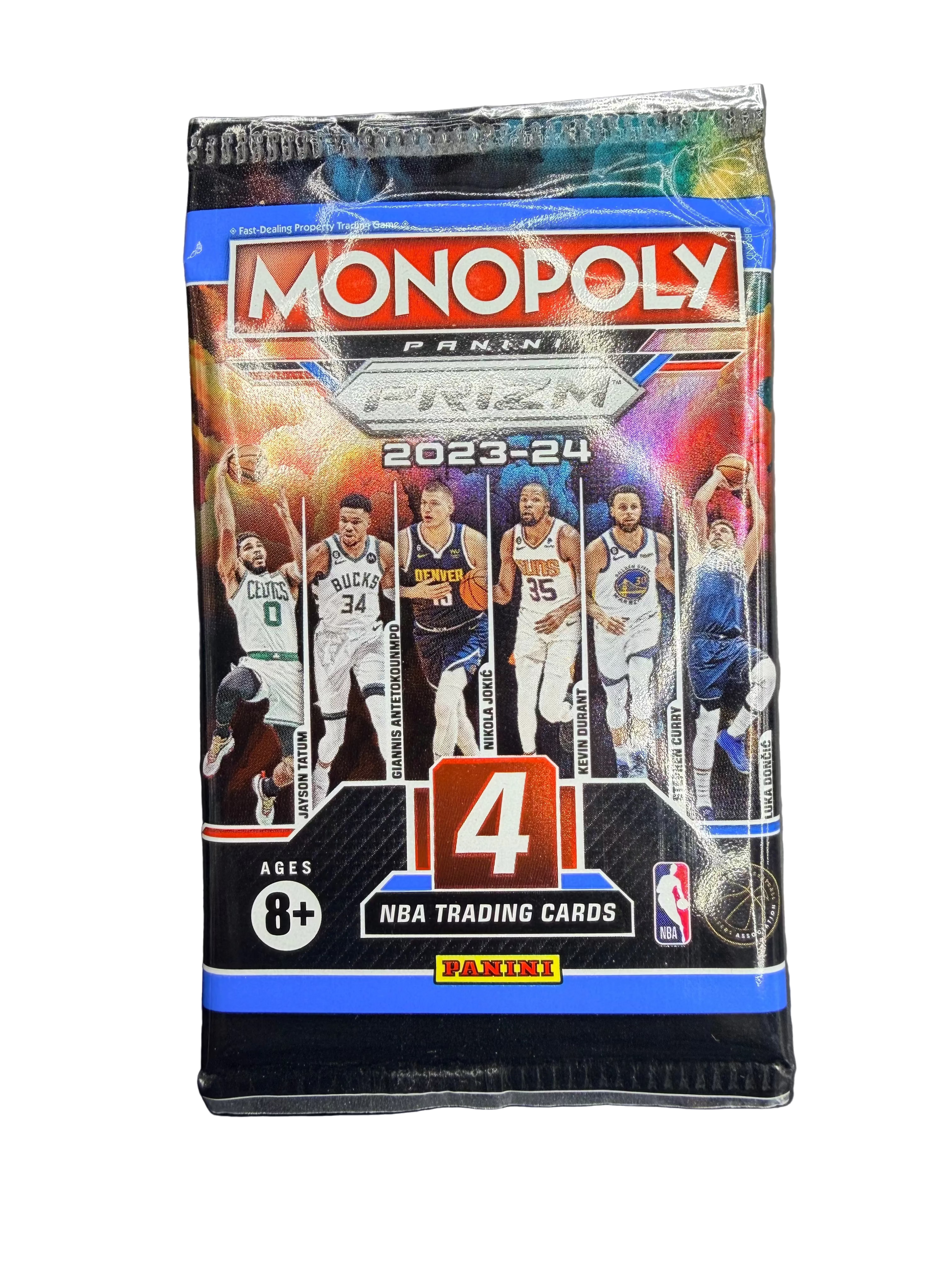 A 2023-24 Panini Prizm Monopoly basketball card pack featuring six NBA stars.
