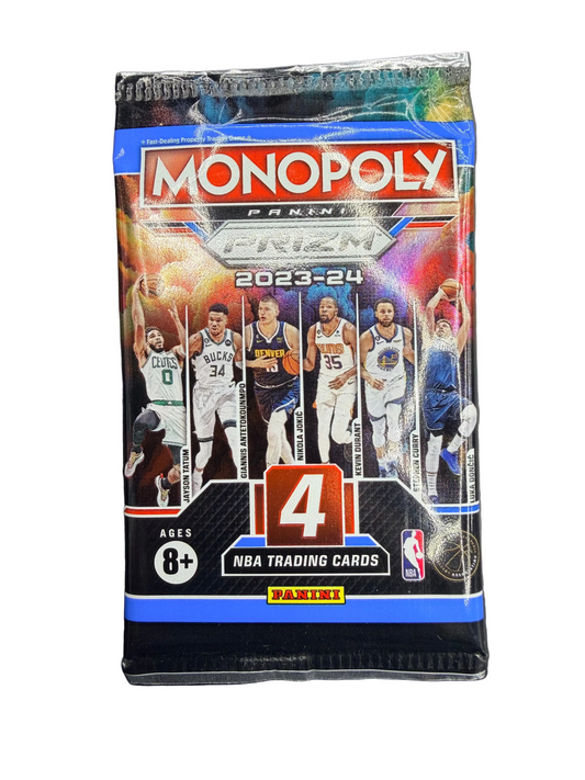 A 2023-24 Panini Prizm Monopoly basketball card pack featuring six NBA stars.