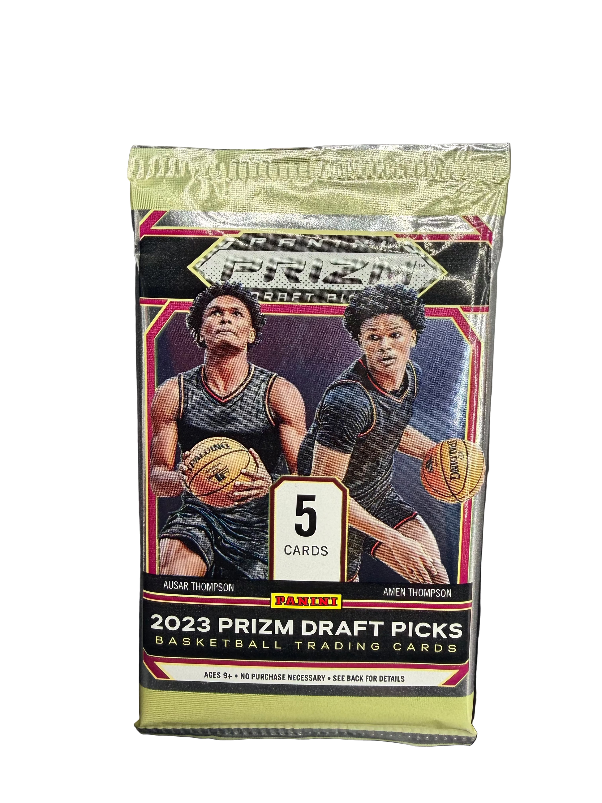 A sealed 2023 Panini Prizm Draft Picks basketball trading card pack featuring Ausar and Amen Thompson.