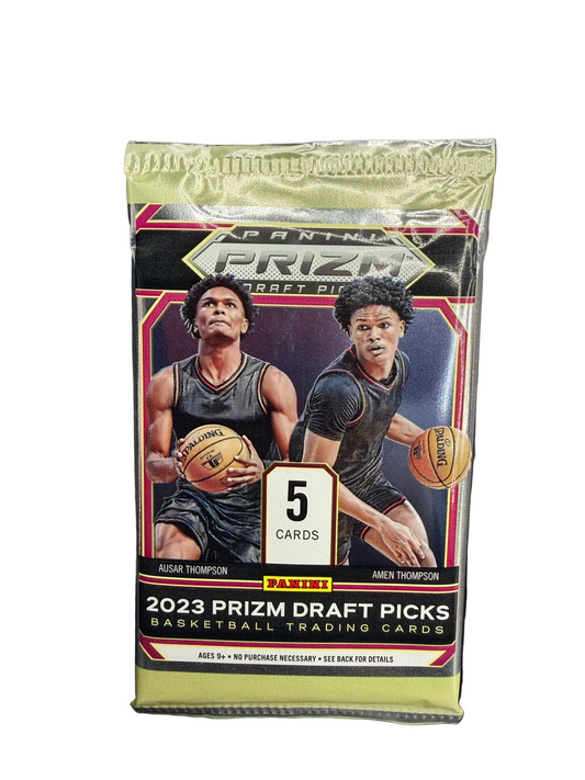 A sealed 2023 Panini Prizm Draft Picks basketball trading card pack featuring Ausar and Amen Thompson.