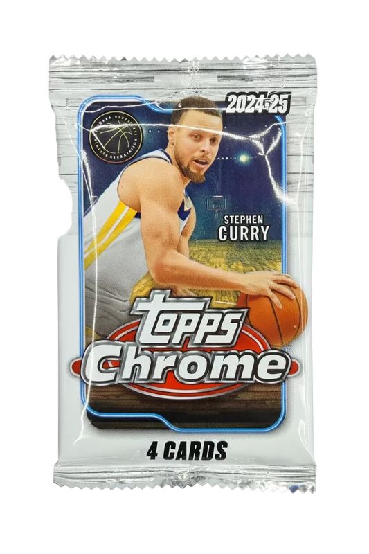 A 2024-25 Topps Chrome basketball trading card pack featuring Stephen Curry on the wrapper.