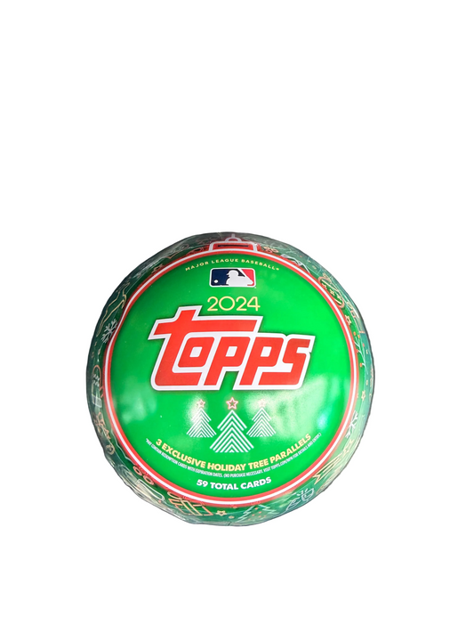 A green 2024 Topps Holiday Baseball mega box tin shaped like a Christmas ornament.