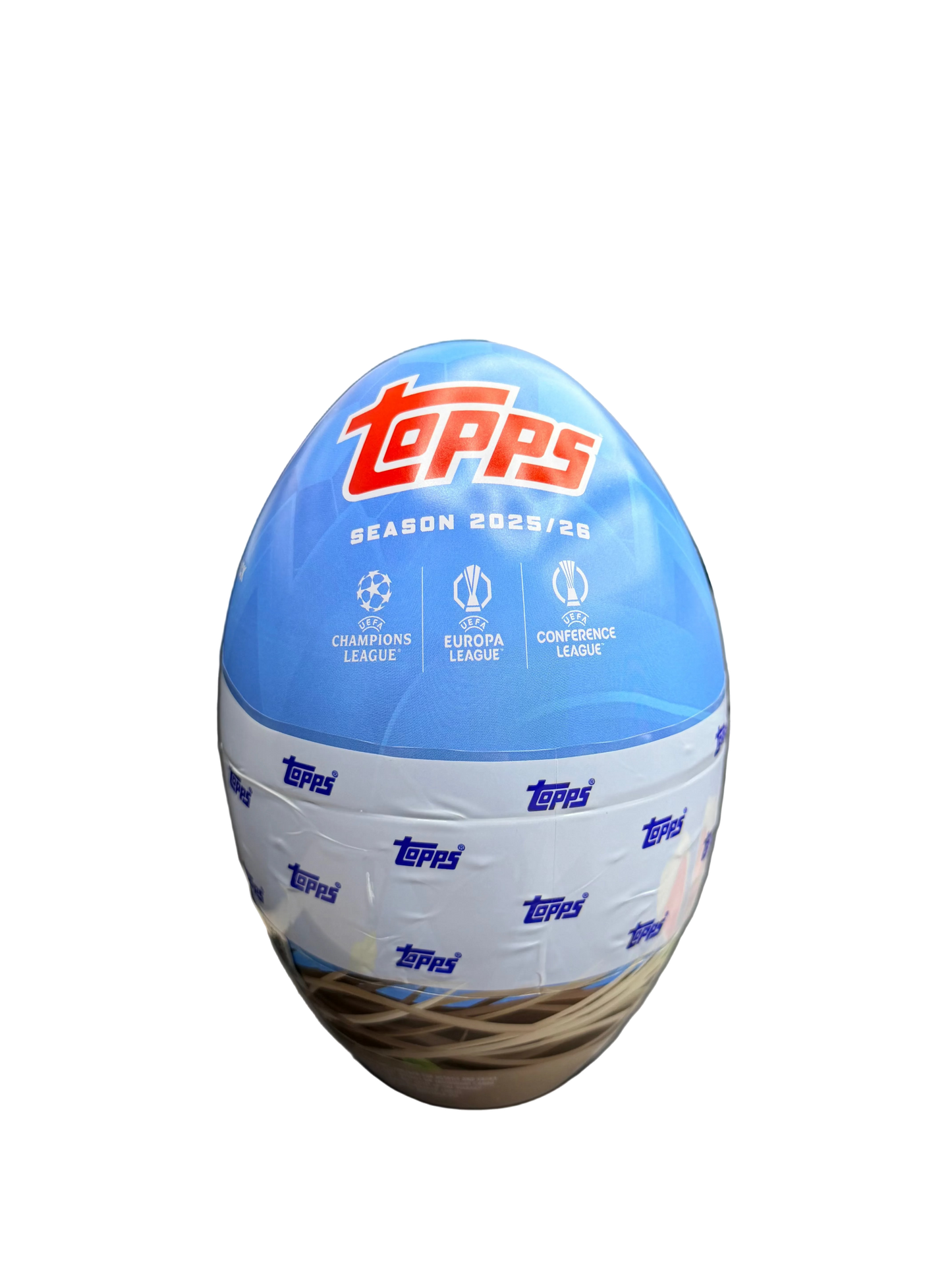 An egg-shaped Topps UEFA club competitions soccer trading card tin for the 2025-26 season.