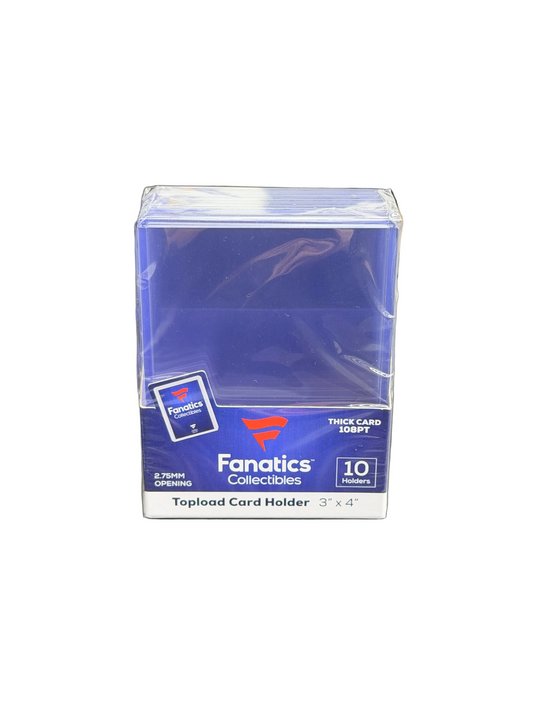 A pack of ten Fanatics 108PT topload card holders measuring 3 by 4 inches.