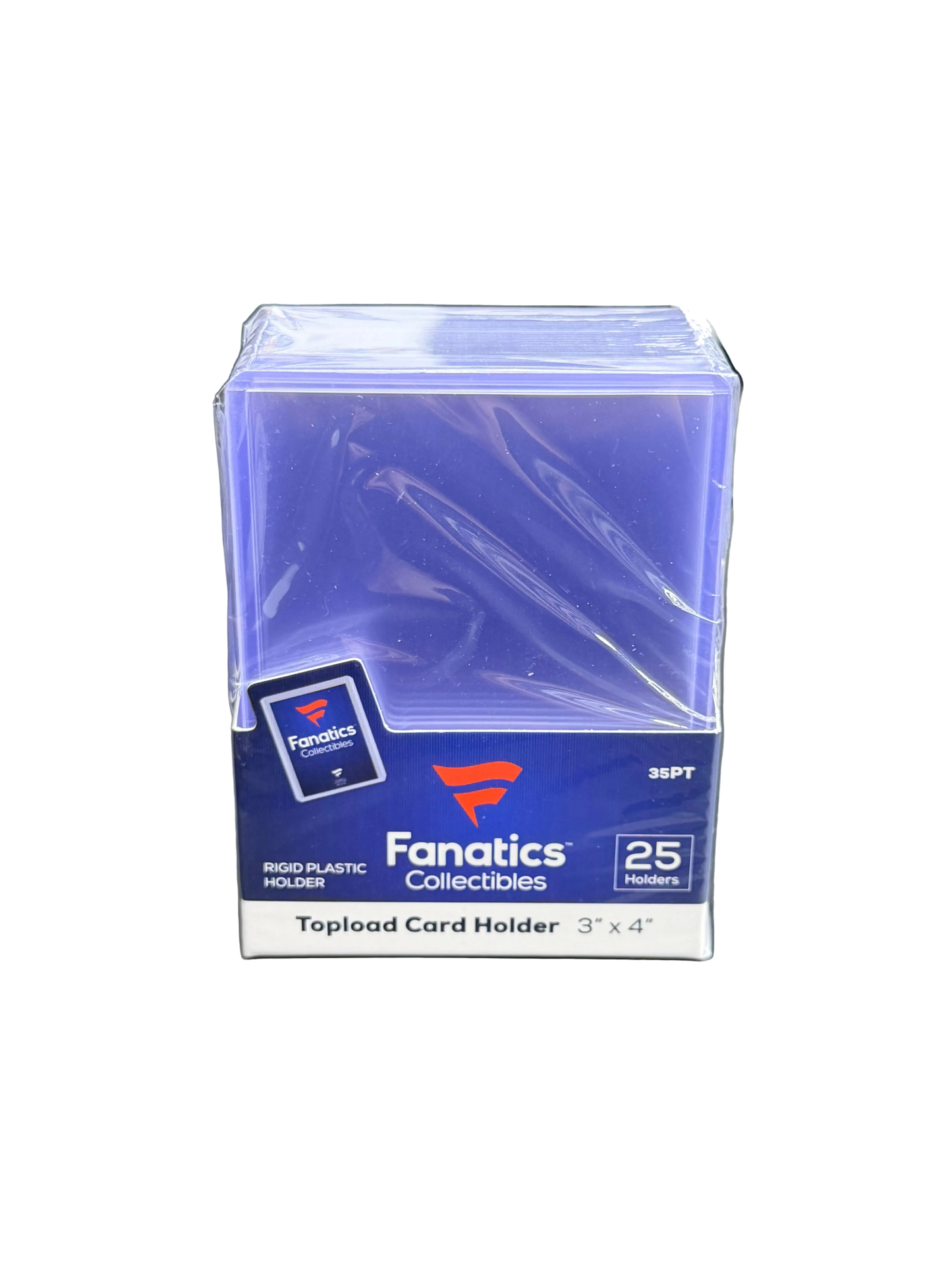 A pack of twenty-five Fanatics 35PT rigid plastic topload card holders measuring 3 by 4 inches.