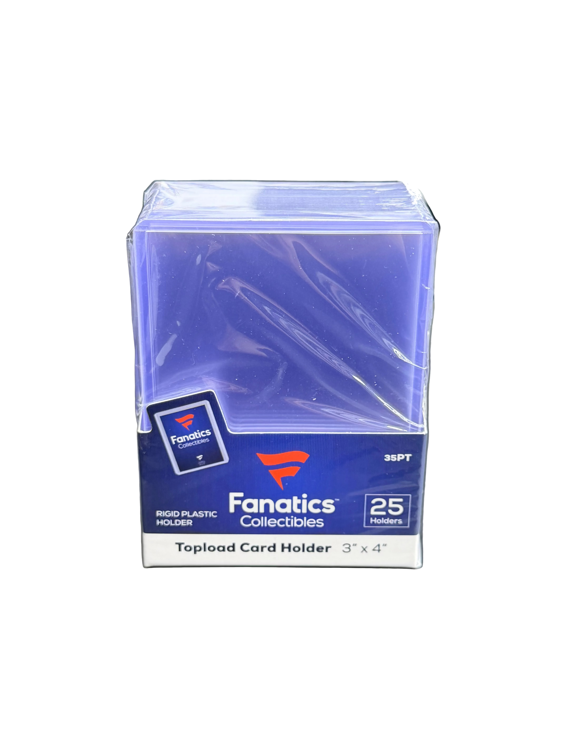 A pack of twenty-five Fanatics 35PT rigid plastic topload card holders measuring 3 by 4 inches.