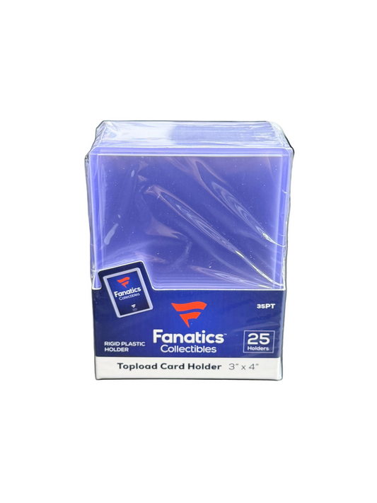 A pack of twenty-five Fanatics 35PT rigid plastic topload card holders measuring 3 by 4 inches.