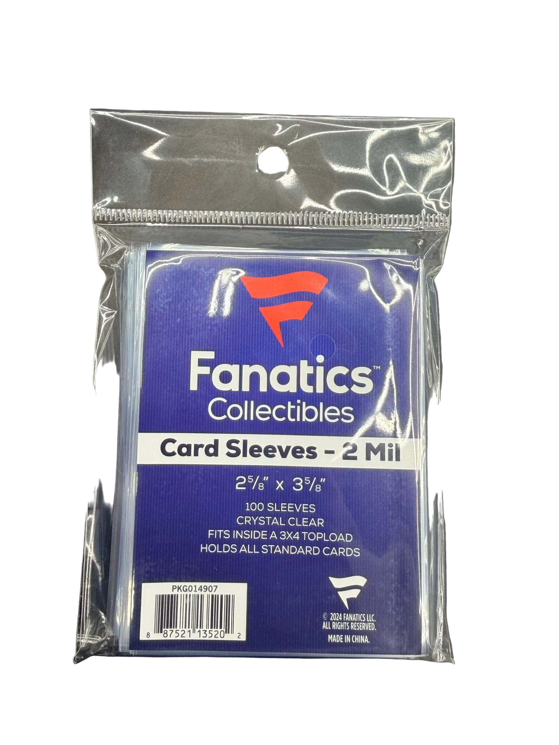A pack of 100 clear Fanatics card sleeves measuring 2 5/8 by 3 5/8 inches.