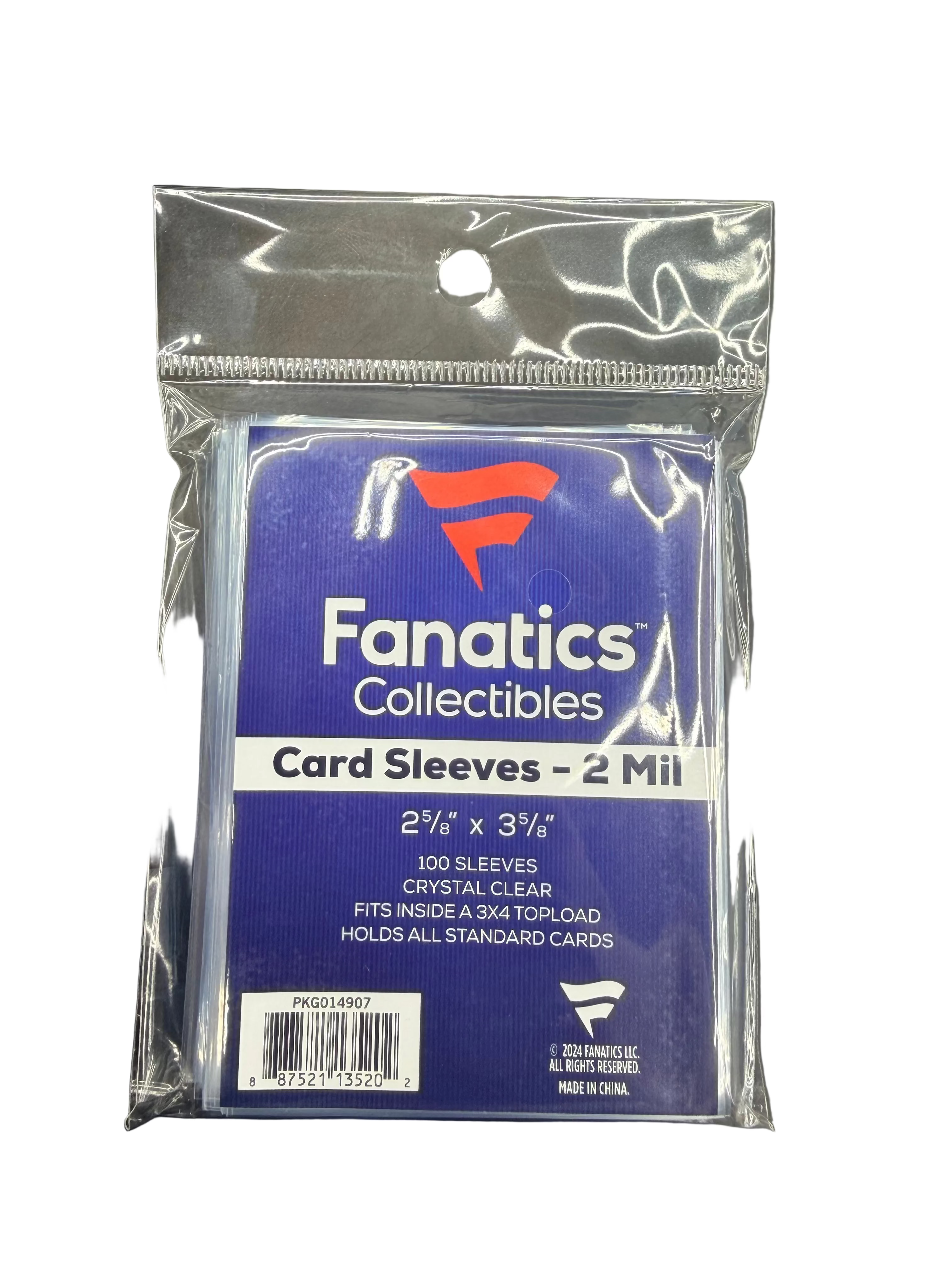 A pack of 100 clear Fanatics card sleeves measuring 2 5/8 by 3 5/8 inches.