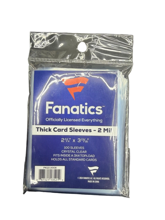 A pack of 100 clear Fanatics thick card sleeves measuring 2 3/4 inches by 3 13/16 inches.