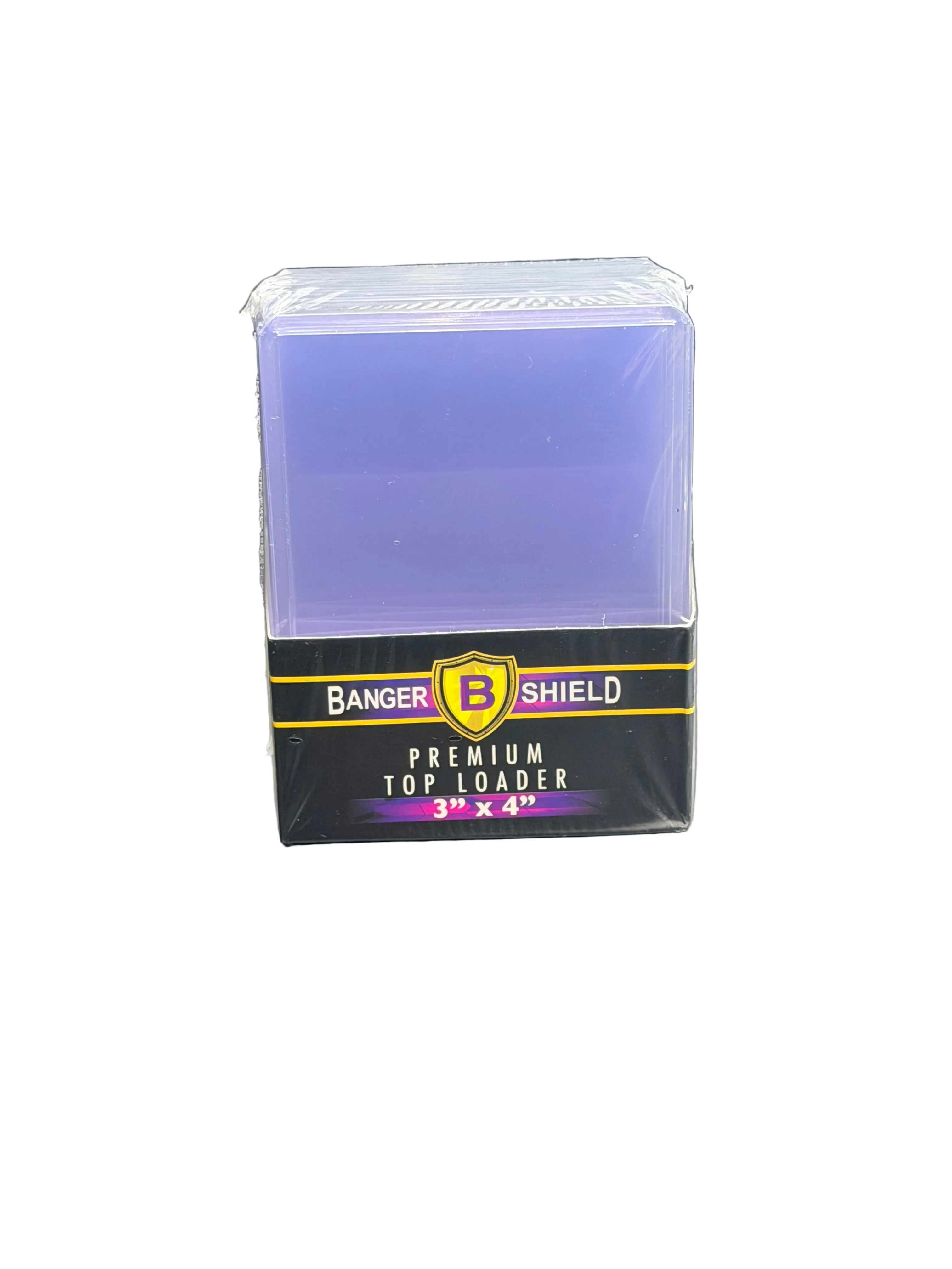 A stack of Banger Shield premium 3 by 4 inch top loaders for trading cards in clear plastic.