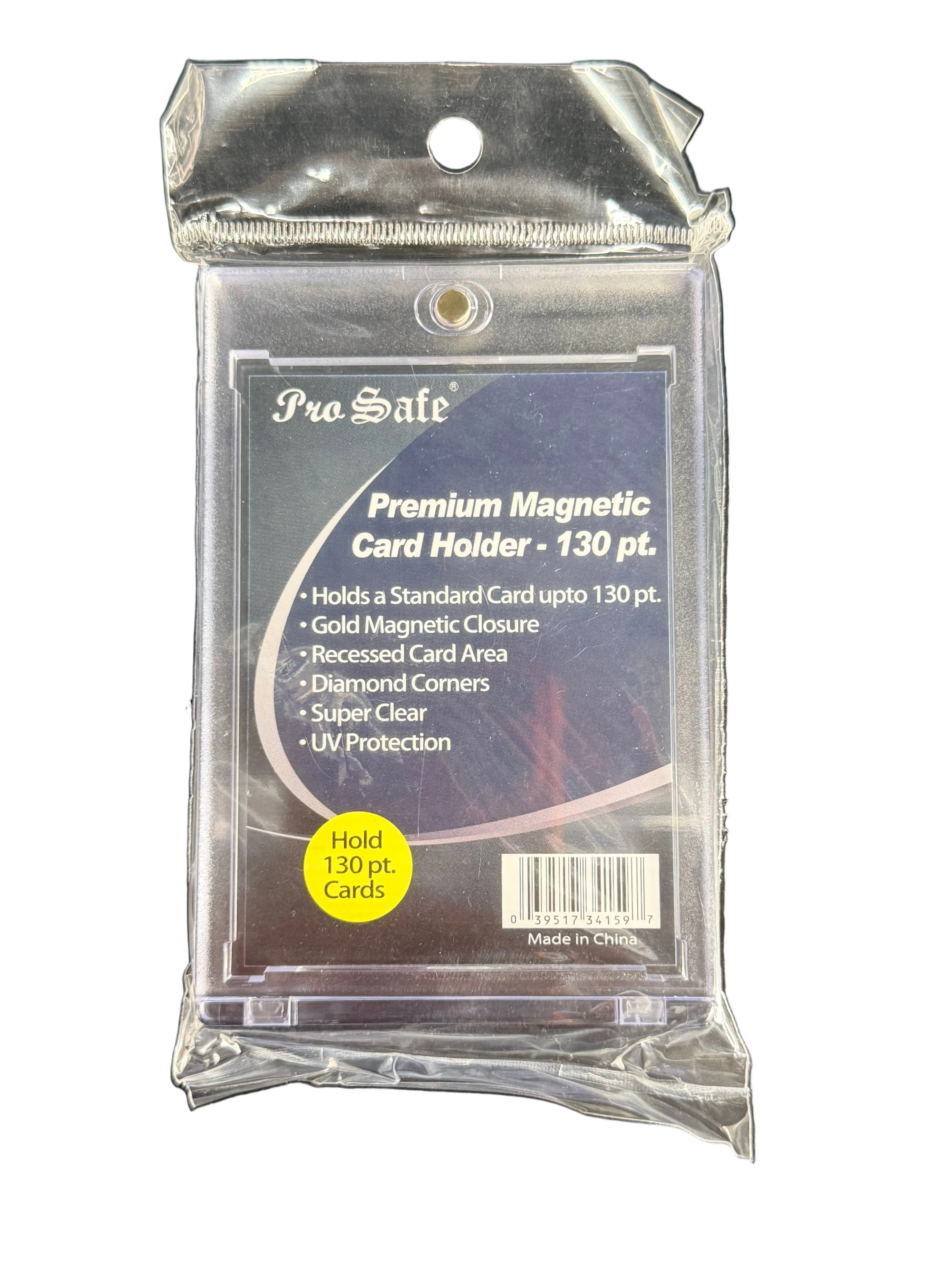 A Pro Safe 130pt magnetic card holder in its original clear plastic packaging.