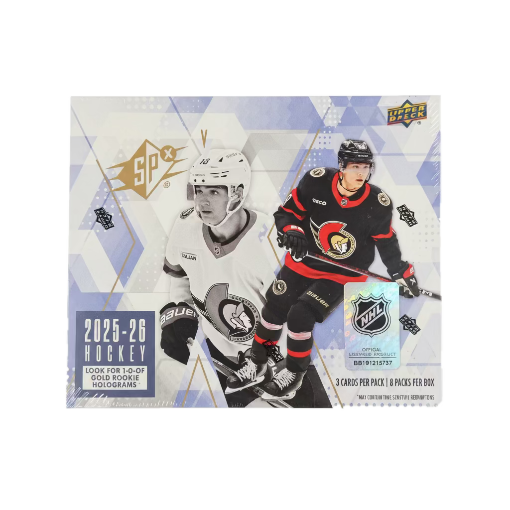 A 2025-26 Upper Deck SPX hockey hobby box featuring Ottawa Senators players on the cover.