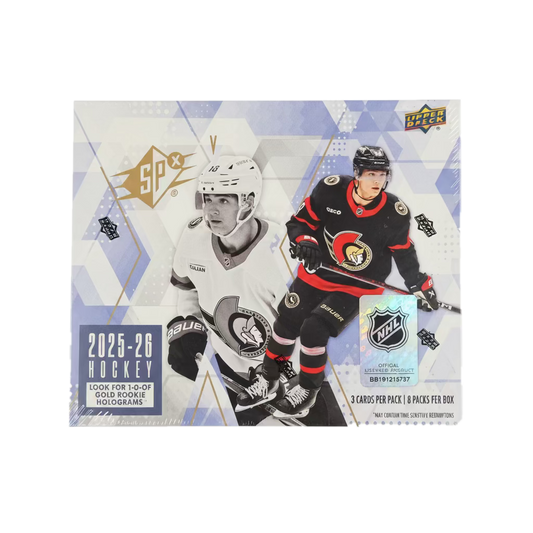 A 2025-26 Upper Deck SPX hockey hobby box featuring Ottawa Senators players on the cover.