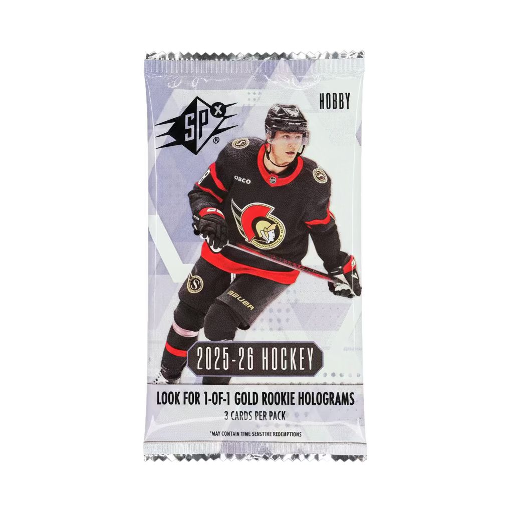 A 2025-26 Upper Deck SPX hockey hobby pack featuring an Ottawa Senators player on the front.
