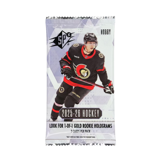 A 2025-26 Upper Deck SPX hockey hobby pack featuring an Ottawa Senators player on the front.