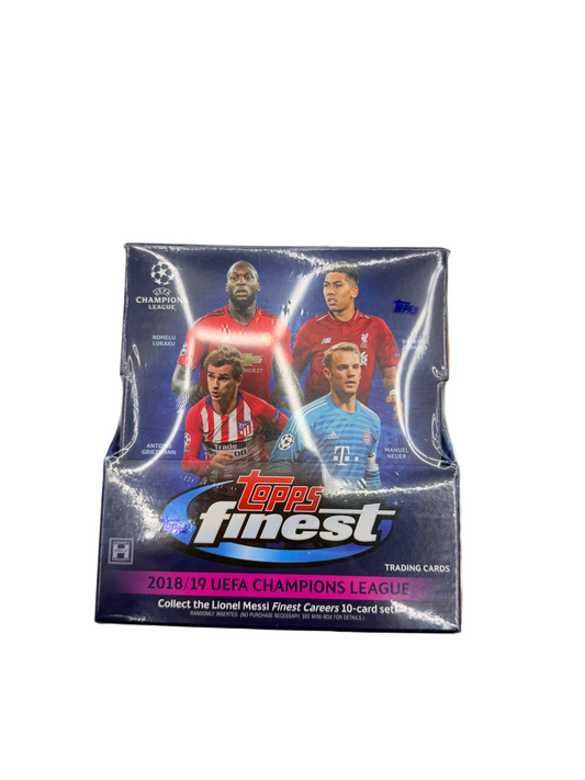 A sealed 2018-19 Topps Finest UEFA Champions League soccer hobby box.