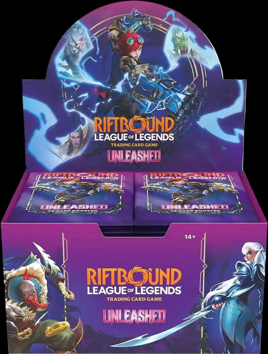 A Riftbound Unleashed trading card game booster box featuring League of Legends character art.