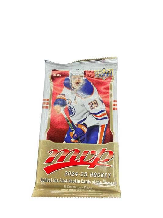 A 2024-25 Upper Deck MVP hockey card hobby pack featuring Leon Draisaitl on the front.