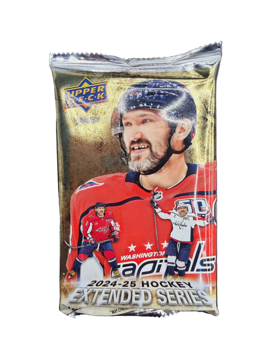A 2024-25 Upper Deck Hockey Extended Series hobby pack featuring Alex Ovechkin.