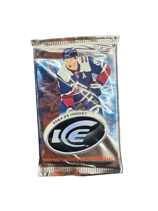 A 2024-25 Upper Deck Ice hobby hockey card pack featuring Cale Makar on the front.
