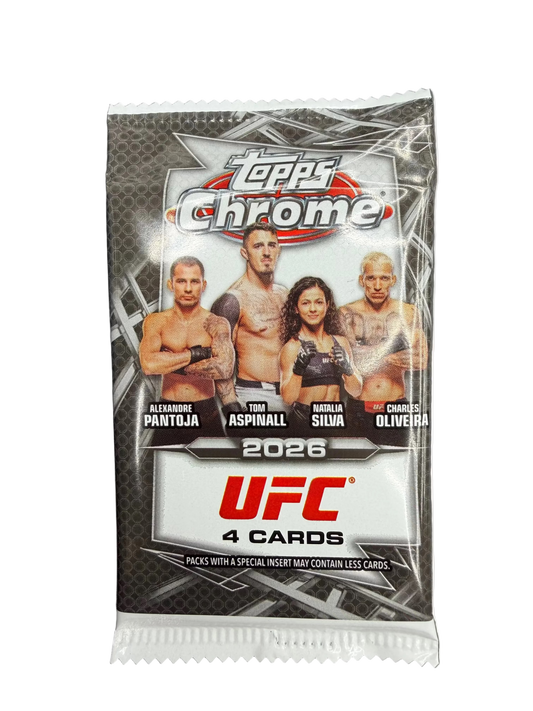 A 2026 Topps Chrome UFC trading card pack featuring images of four professional fighters.