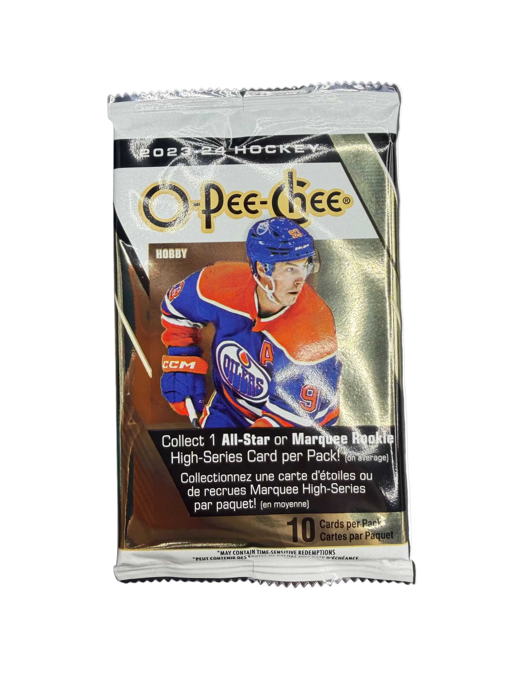 A 2023-2024 Upper Deck O-Pee-Chee hockey card pack featuring Leon Draisaitl on the front.