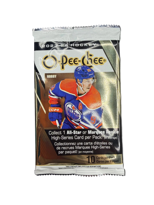 A 2023-2024 Upper Deck O-Pee-Chee hockey card pack featuring Leon Draisaitl on the front.