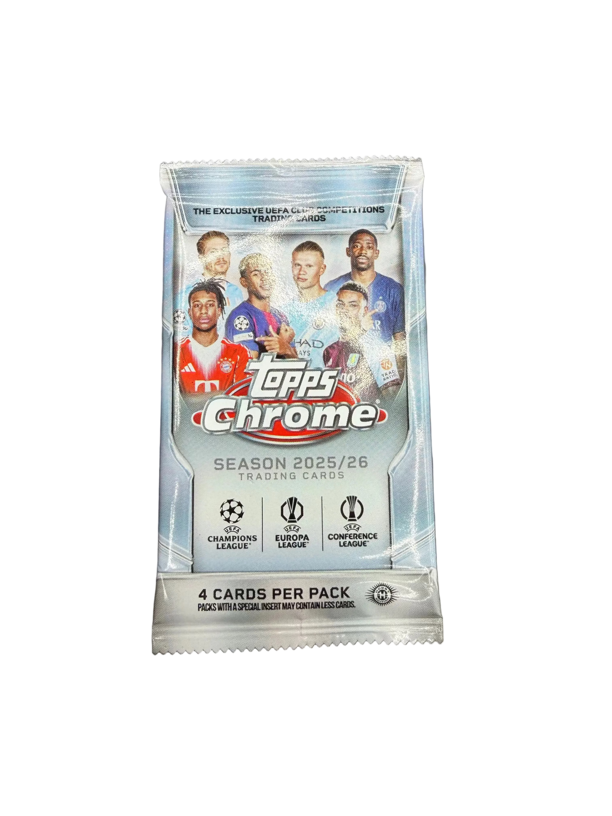 A 2025-26 Topps Chrome UEFA hobby pack featuring images of professional soccer players.