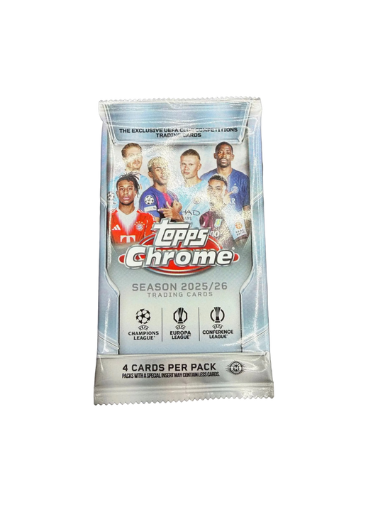 A 2025-26 Topps Chrome UEFA hobby pack featuring images of professional soccer players.