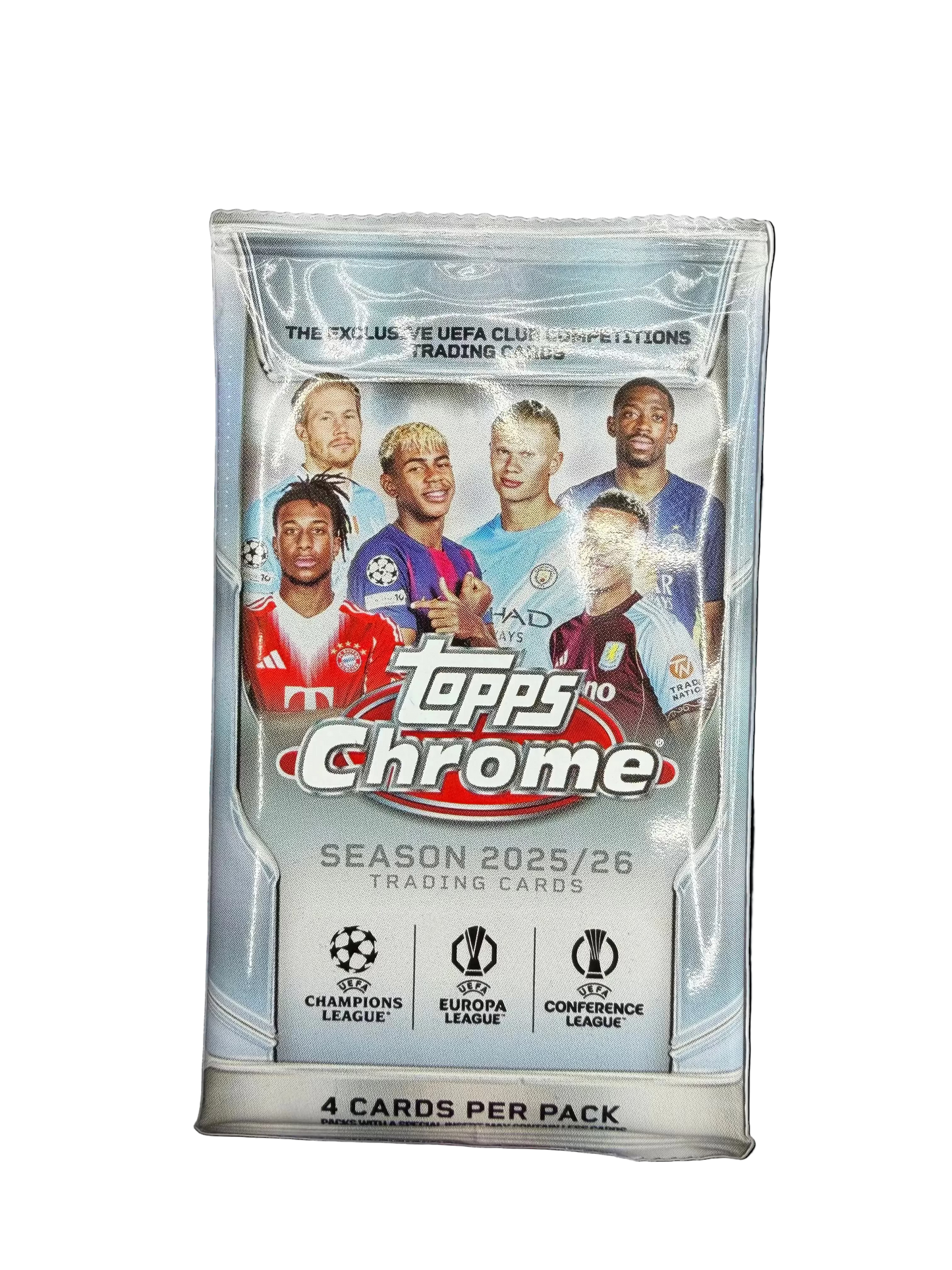 A 2025-26 Topps Chrome UEFA trading card pack featuring images of professional football players.