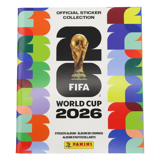 The 2026 Panini World Cup soft cover sticker album features a central trophy graphic.