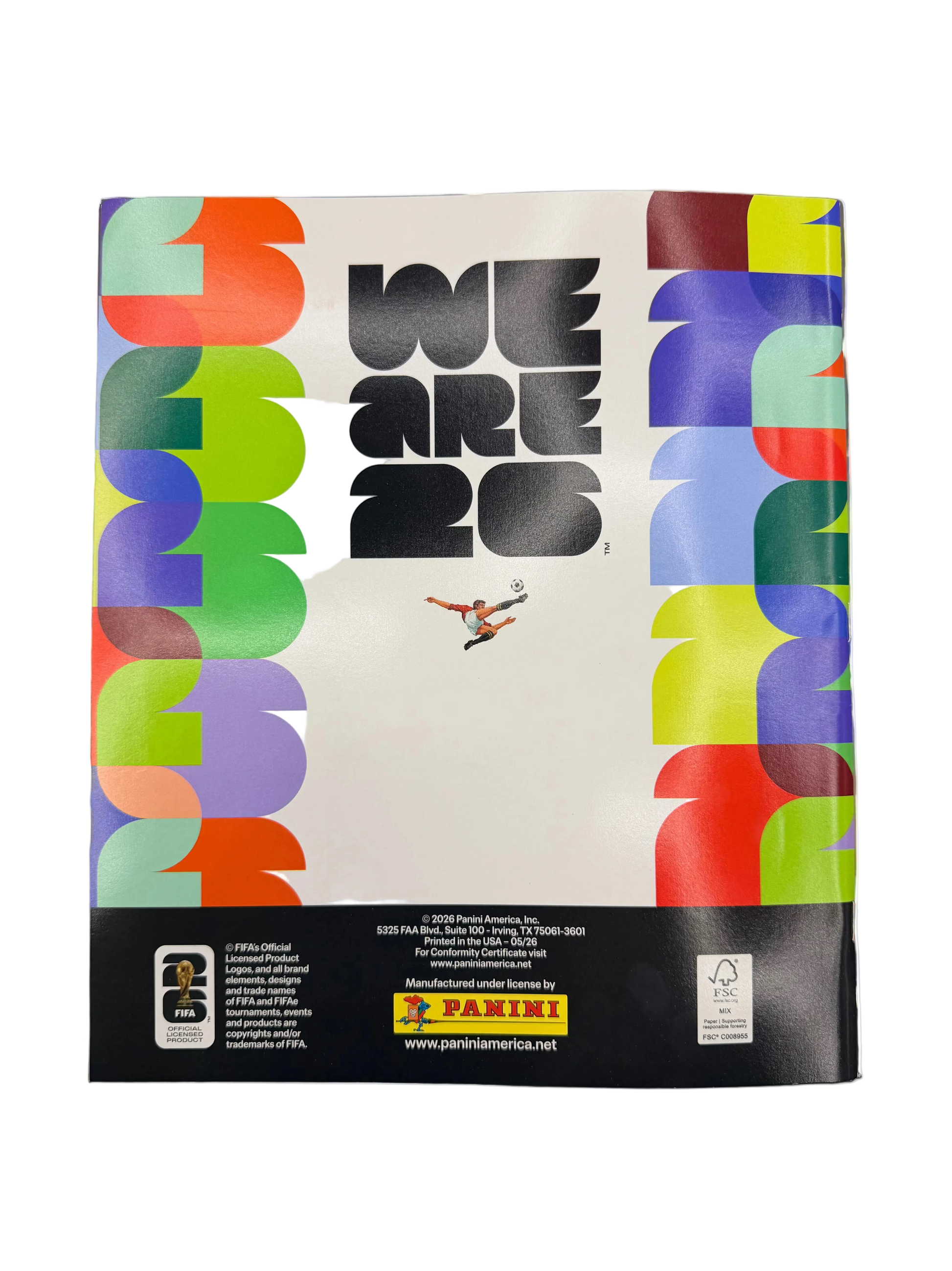 The back cover of the 2026 Panini World Cup soft cover sticker album features colorful graphics.