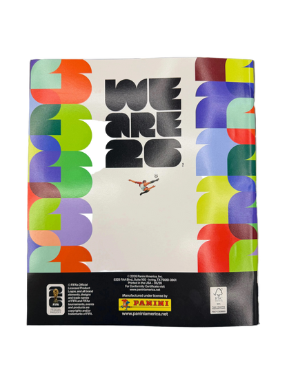 The back cover of the 2026 Panini World Cup soft cover sticker album features colorful graphics.