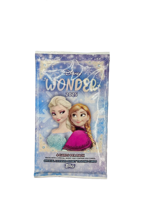 A 2025 Topps Disney Wonder trading card pack featuring Elsa and Anna from Frozen.