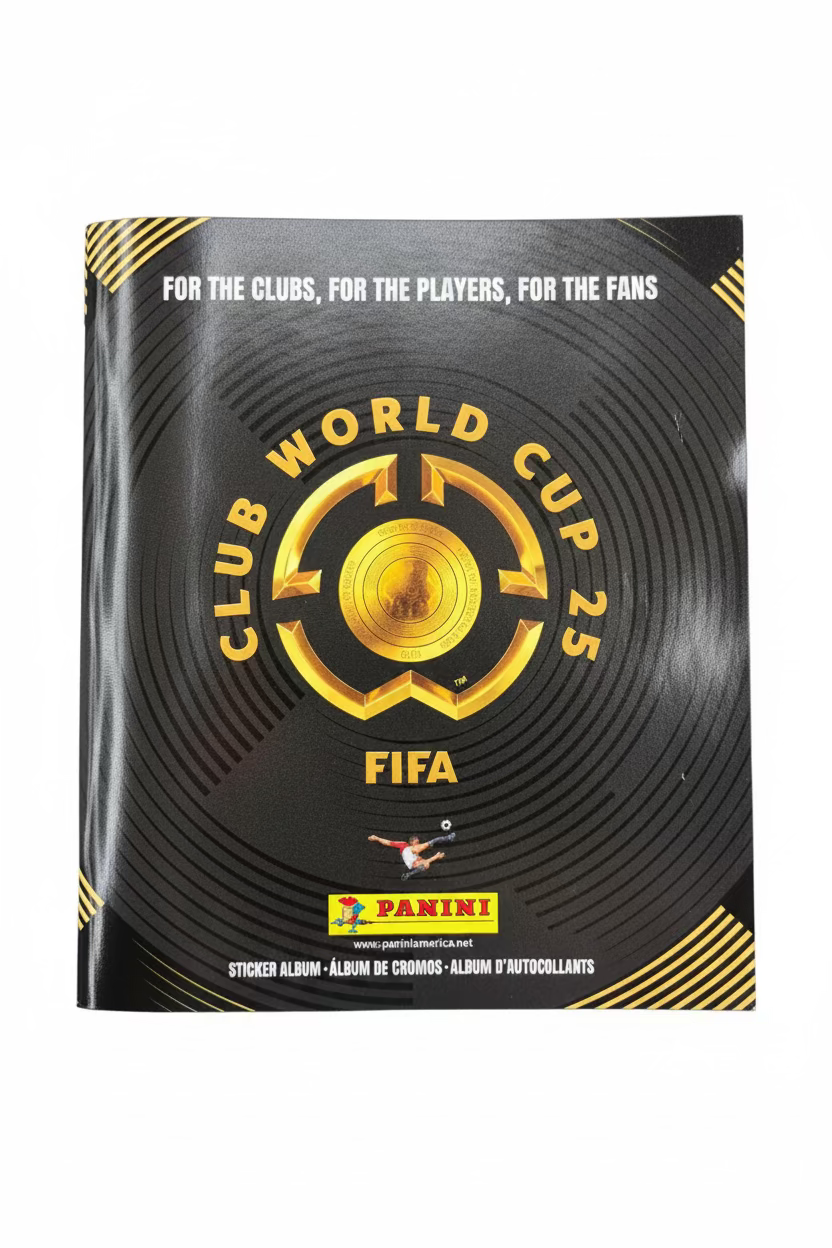 A soft cover Panini sticker album for the FIFA Club World Cup 2025 with a black and gold design.