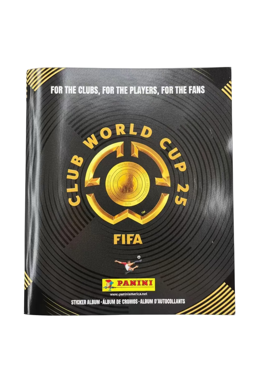 A soft cover Panini sticker album for the FIFA Club World Cup 2025 with a black and gold design.