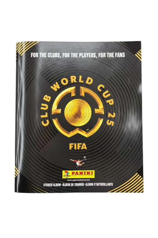 A soft cover Panini sticker album for the FIFA Club World Cup 2025 with a black and gold design.