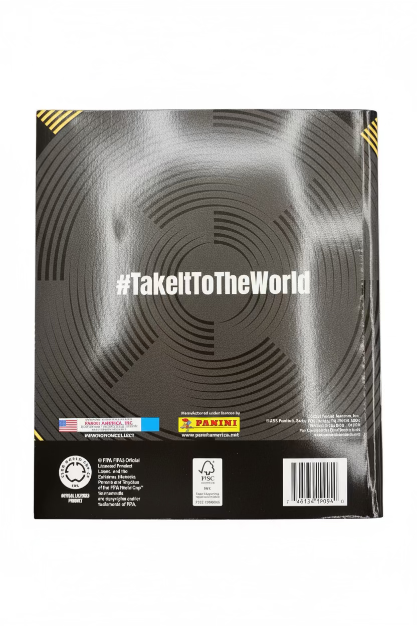 The back cover of the FIFA Club World Cup 2025 soft cover sticker album features branding and a barcode.