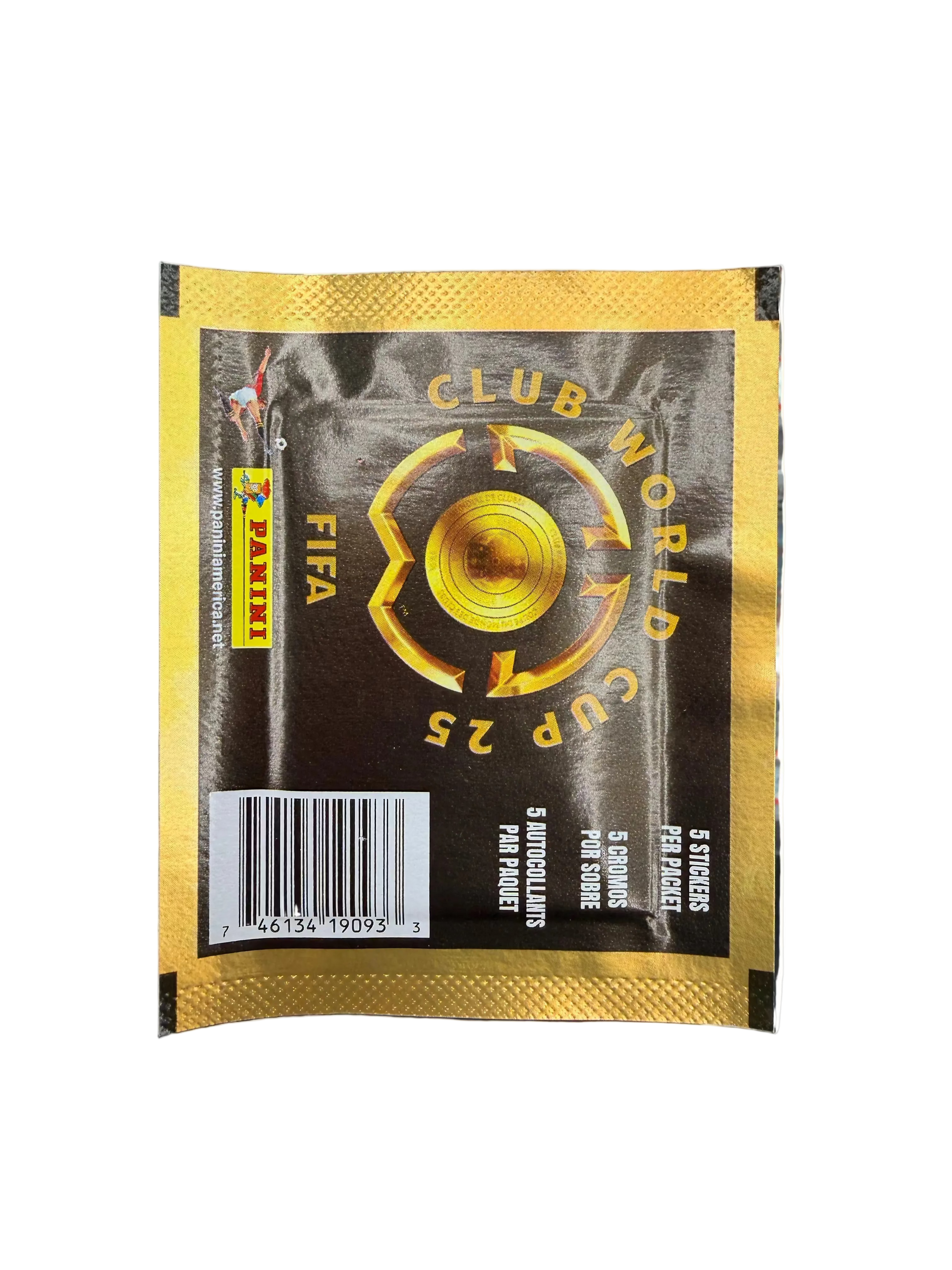A gold and black FIFA Club World Cup 2025 sticker pack containing five stickers.