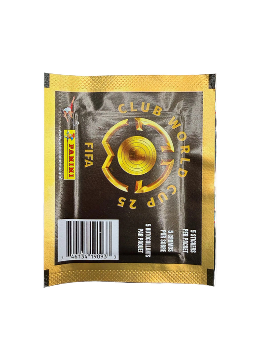 A gold and black FIFA Club World Cup 2025 sticker pack containing five stickers.