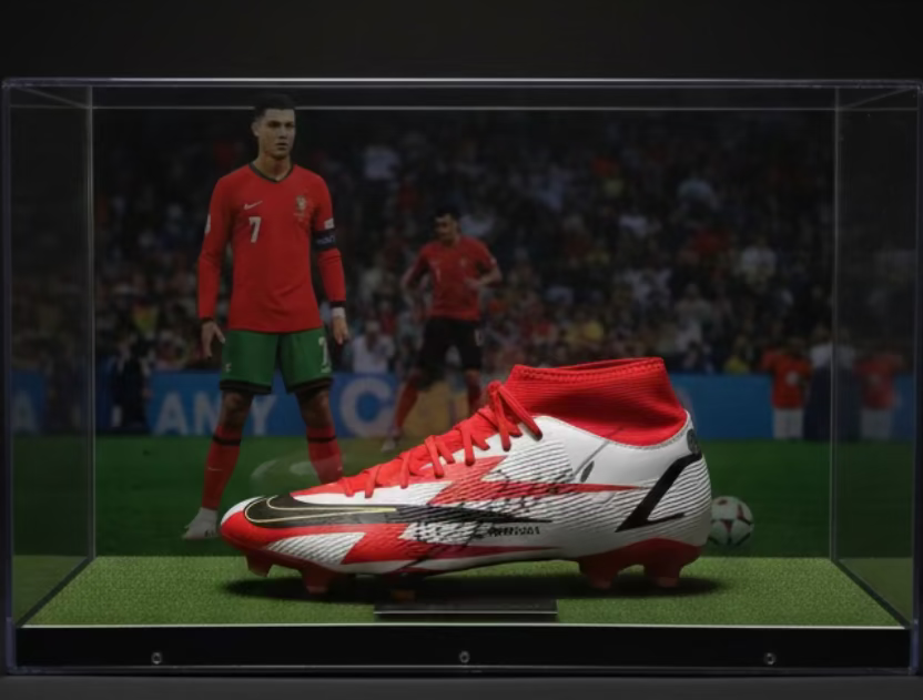 Soccer boot with a player figure on a display stand surrounded by trading cards.