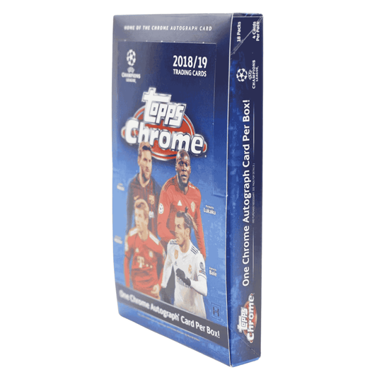 A 2018-19 Topps UEFA Champions League Chrome soccer hobby box featuring player imagery.