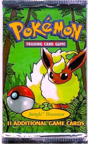 A sealed Pokemon Jungle booster pack featuring Flareon artwork on a green forest background.