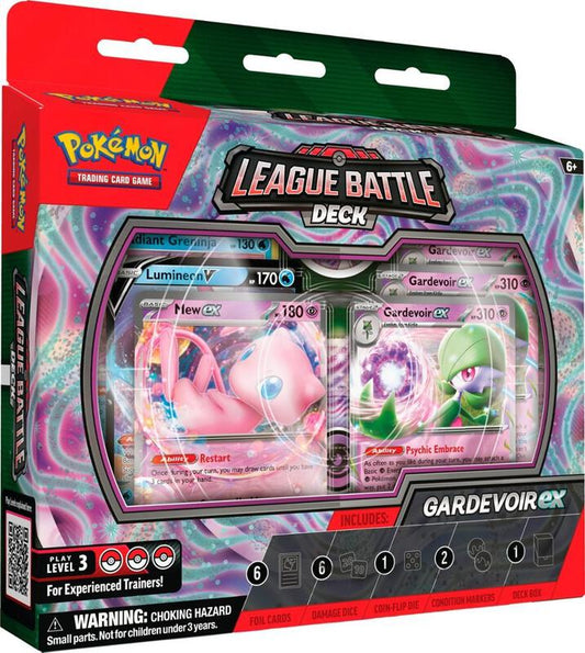 A Gardevoir EX League Battle Deck box featuring Mew EX and Gardevoir EX cards on the front.